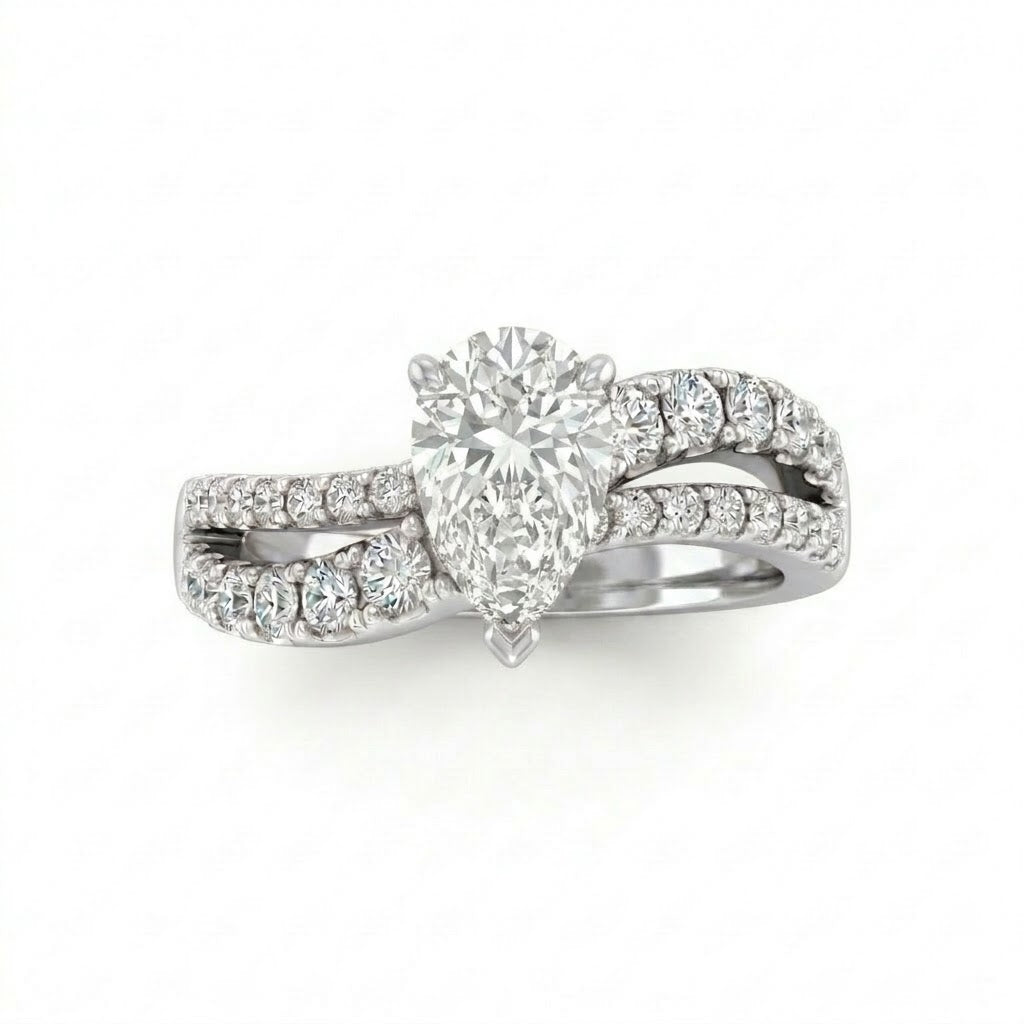 Silver Pear Diamond Bypass Engagement Ring With Split Pave Twist Band