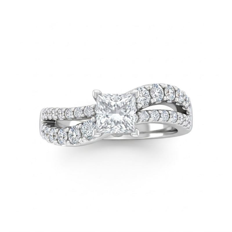 White Gold Princess Diamond Bypass Engagement Ring With Split Pave Twist Band