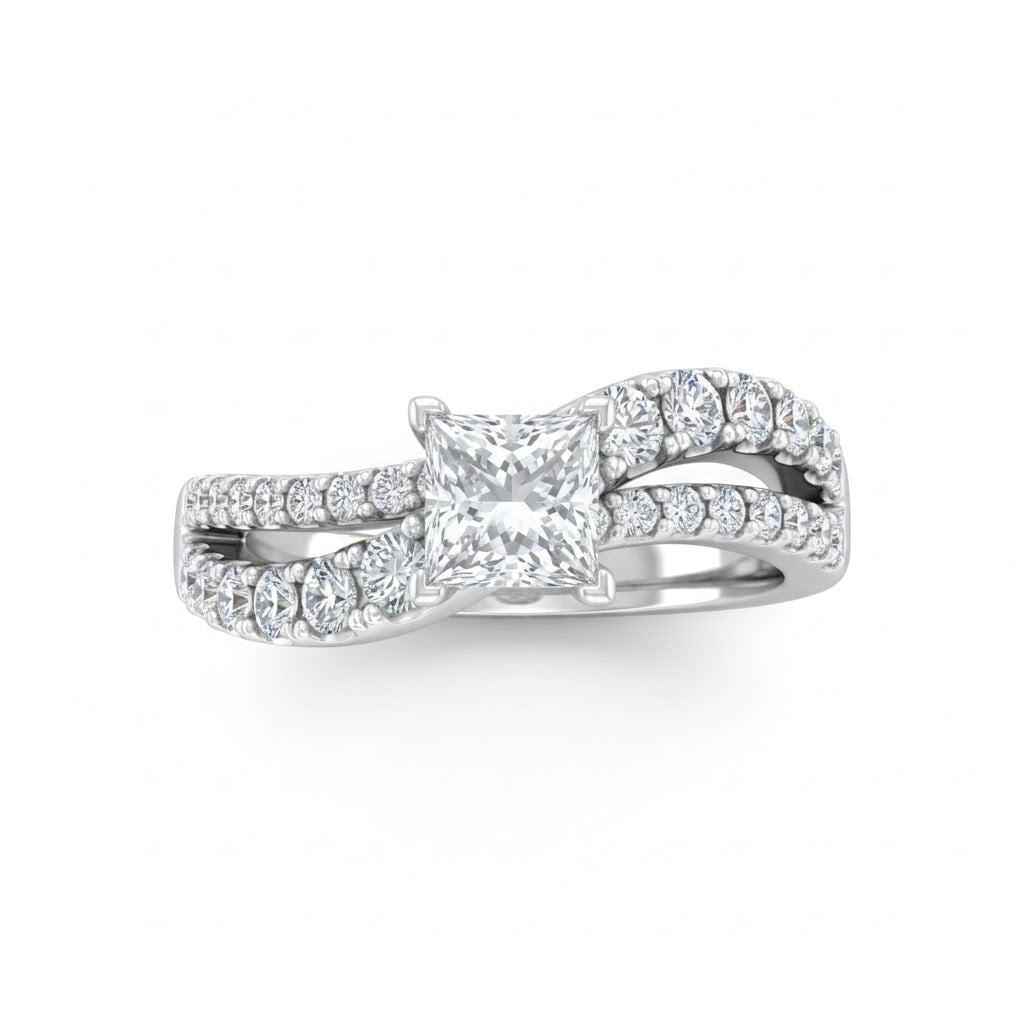 Silver Princess Diamond Bypass Engagement Ring With Split Pave Twist Band