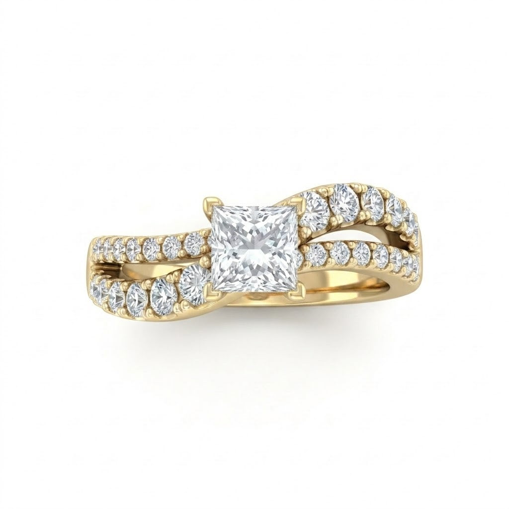 Yellow Gold Princess Diamond Bypass Engagement Ring With Split Pave Twist Band
