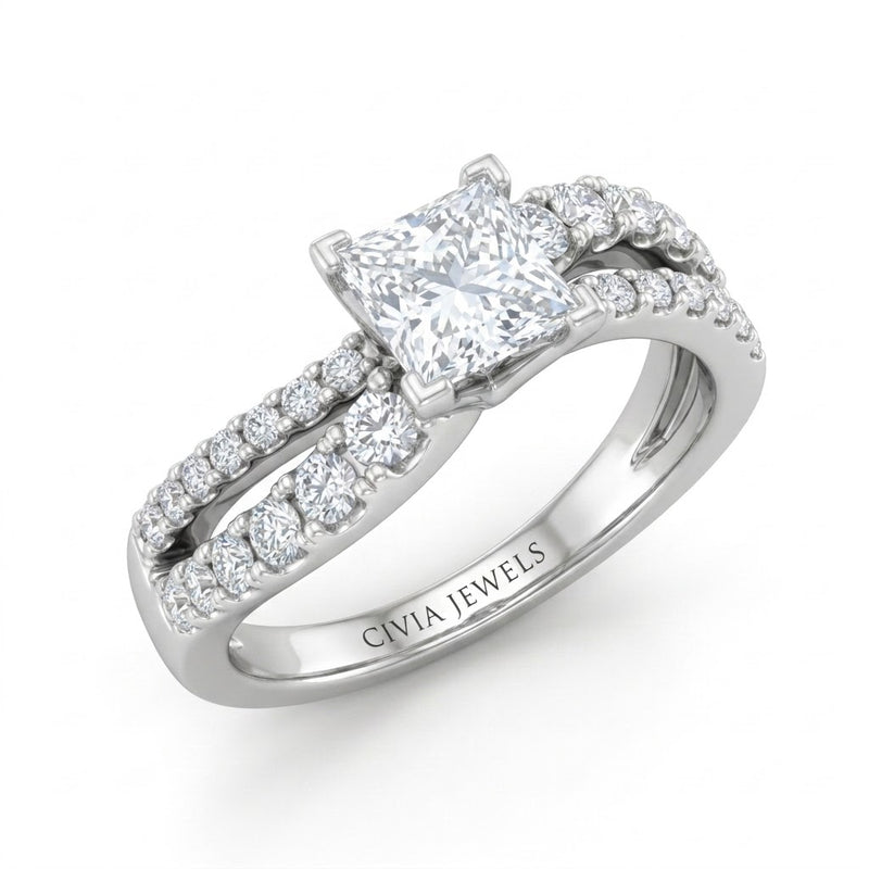 Silver Princess Diamond Bypass Engagement Ring With Split Pave Twist Band