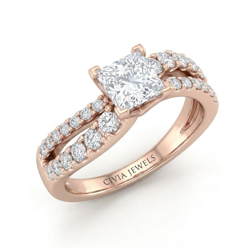 Rose Gold Princess Diamond Bypass Engagement Ring With Split Pave Twist Band