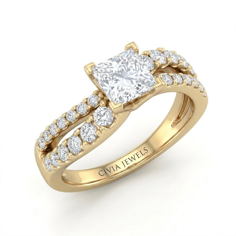 Yellow Gold Princess Diamond Bypass Engagement Ring With Split Pave Twist Band