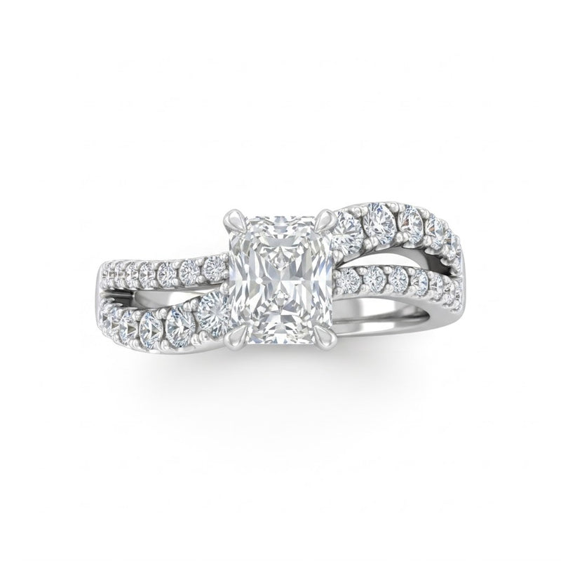 White Gold Radiant Diamond Bypass Engagement Ring With Split Pave Twist Band