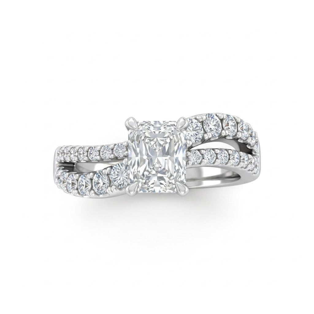 White Gold Radiant Diamond Bypass Engagement Ring With Split Pave Twist Band