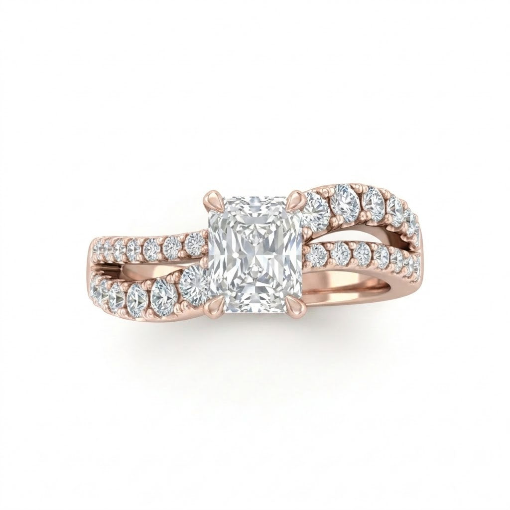 Rose Gold Radiant Diamond Bypass Engagement Ring With Split Pave Twist Band