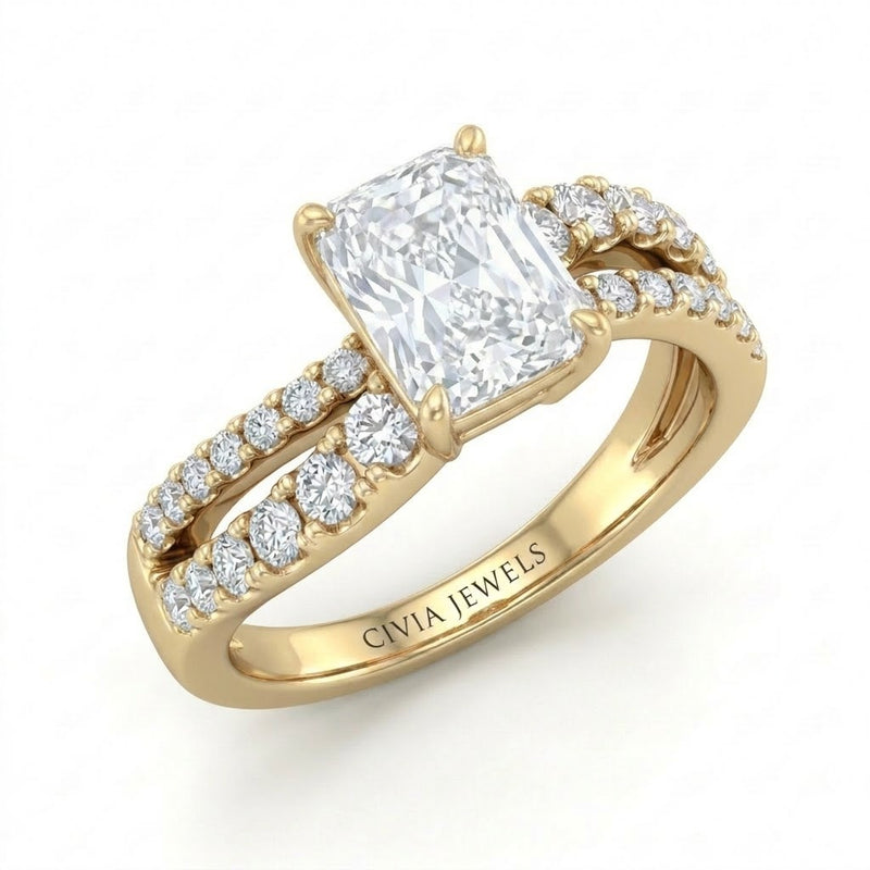 Yellow Gold Radiant Diamond Bypass Engagement Ring With Split Pave Twist Band