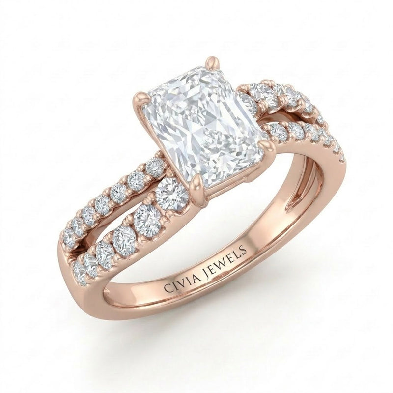 Rose Gold Radiant Diamond Bypass Engagement Ring With Split Pave Twist Band