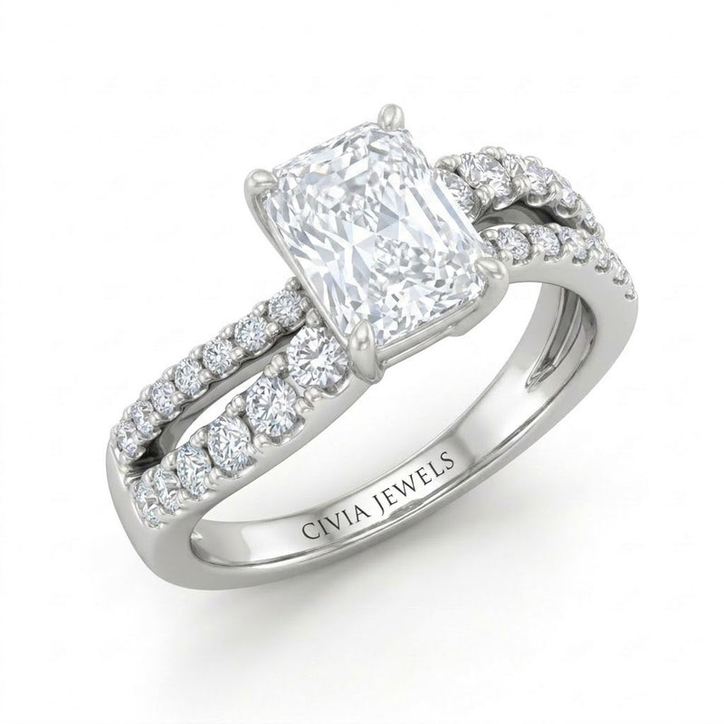 White Gold Radiant Diamond Bypass Engagement Ring With Split Pave Twist Band