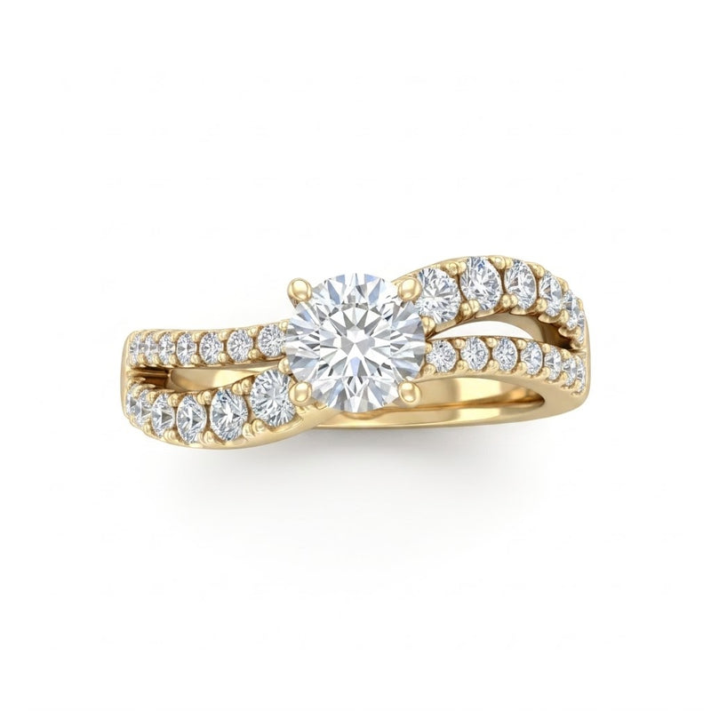 Yellow Gold Round Diamond Bypass Engagement Ring With Split Pave Twist Band