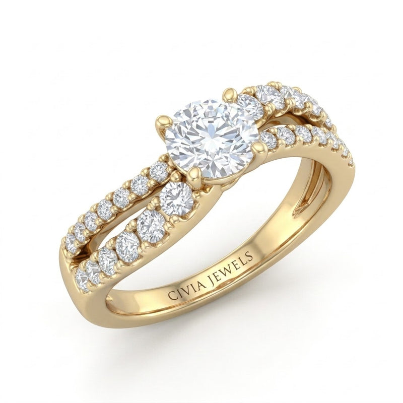 Yellow Gold Round Diamond Bypass Engagement Ring With Split Pave Twist Band