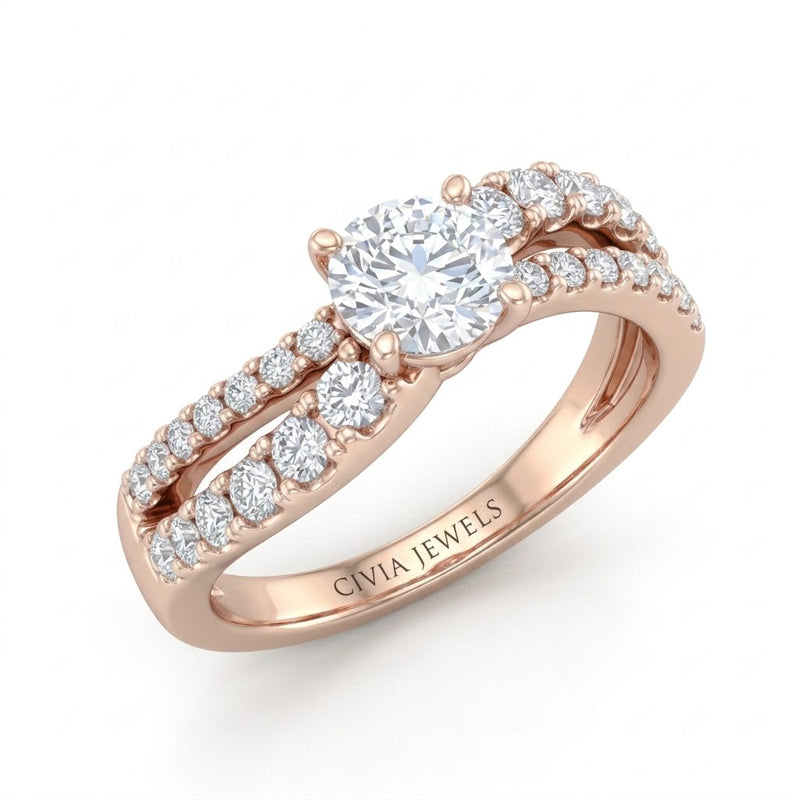Rose Gold Round Diamond Bypass Engagement Ring With Split Pave Twist Band