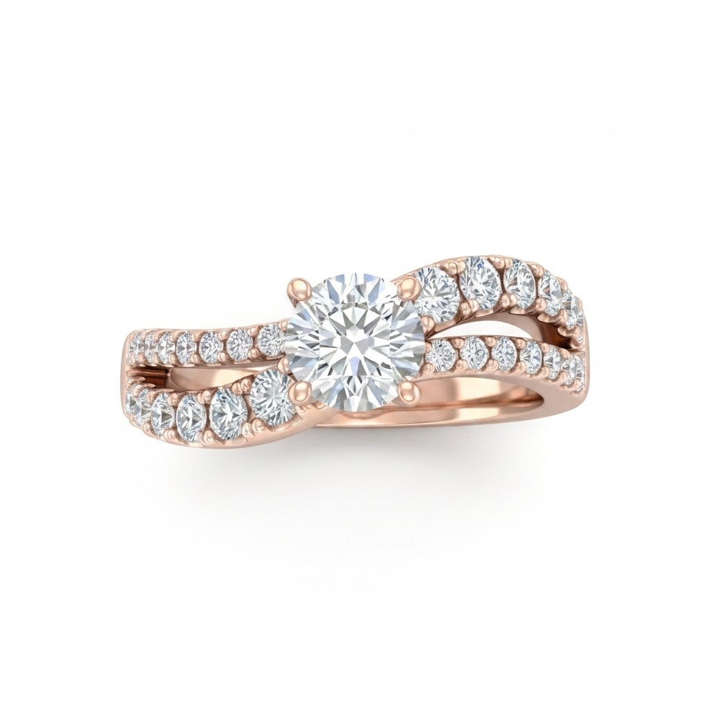 Rose Gold Round Diamond Bypass Engagement Ring With Split Pave Twist Band