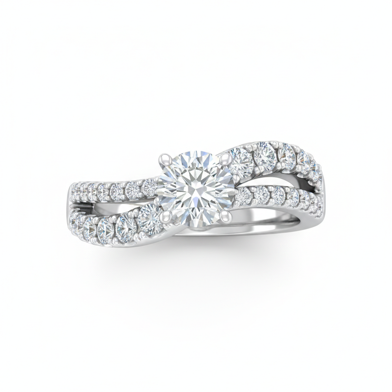 White Gold Round Diamond Bypass Engagement Ring With Split Pave Twist Band