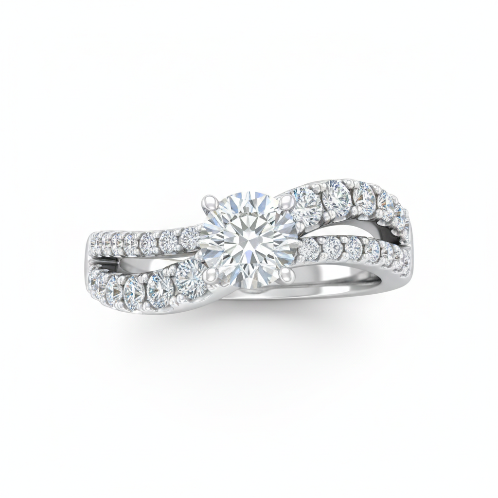Silver Round Diamond Bypass Engagement Ring With Split Pave Twist Band