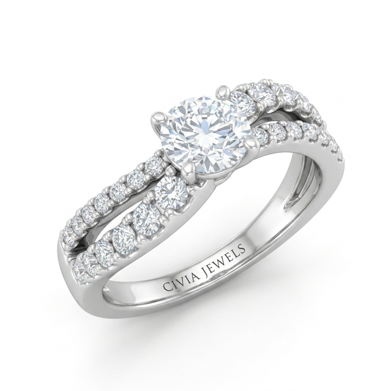 White Gold Round Diamond Bypass Engagement Ring With Split Pave Twist Band