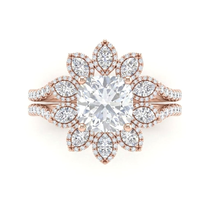 Rose Gold Cushion Floral Diamond Halo Engagement Ring With Split Pave Shank