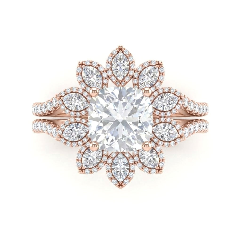 Rose Gold Cushion Floral Diamond Halo Engagement Ring With Split Pave Shank
