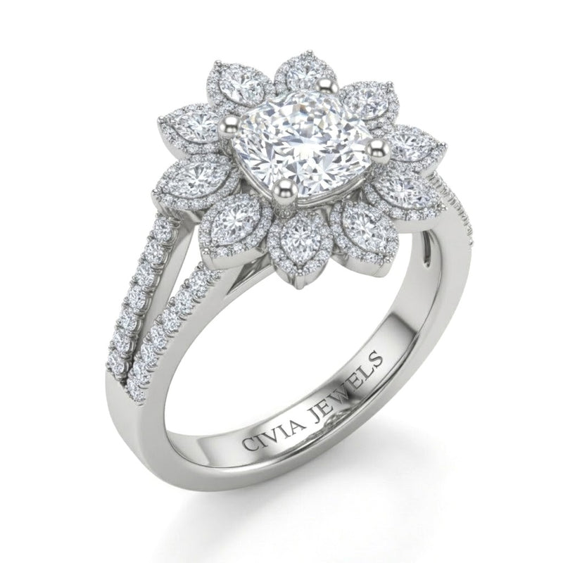 White Gold Cushion Floral Diamond Halo Engagement Ring With Split Pave Shank