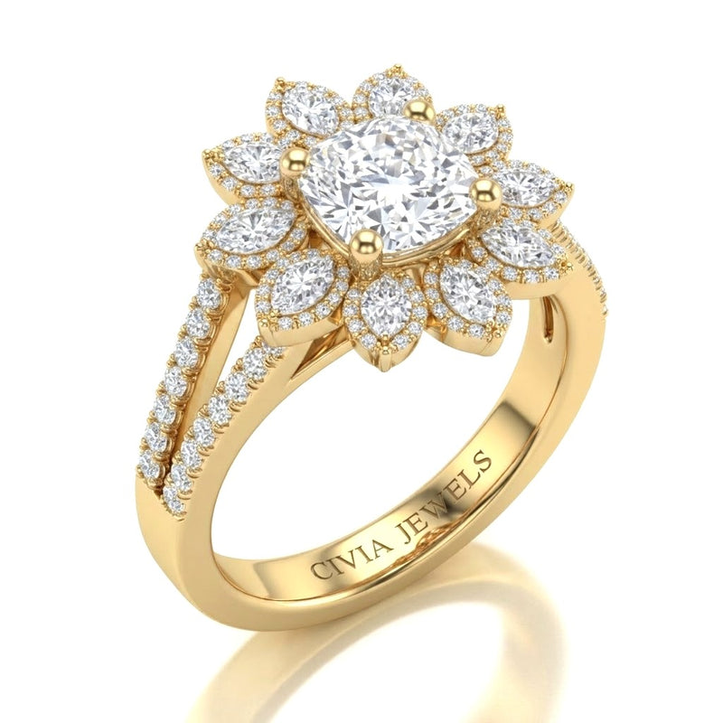Yellow Gold Cushion Floral Diamond Halo Engagement Ring With Split Pave Shank