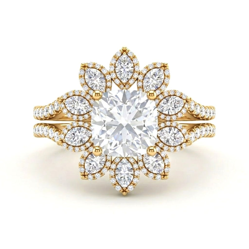 Yellow Gold Cushion Floral Diamond Halo Engagement Ring With Split Pave Shank