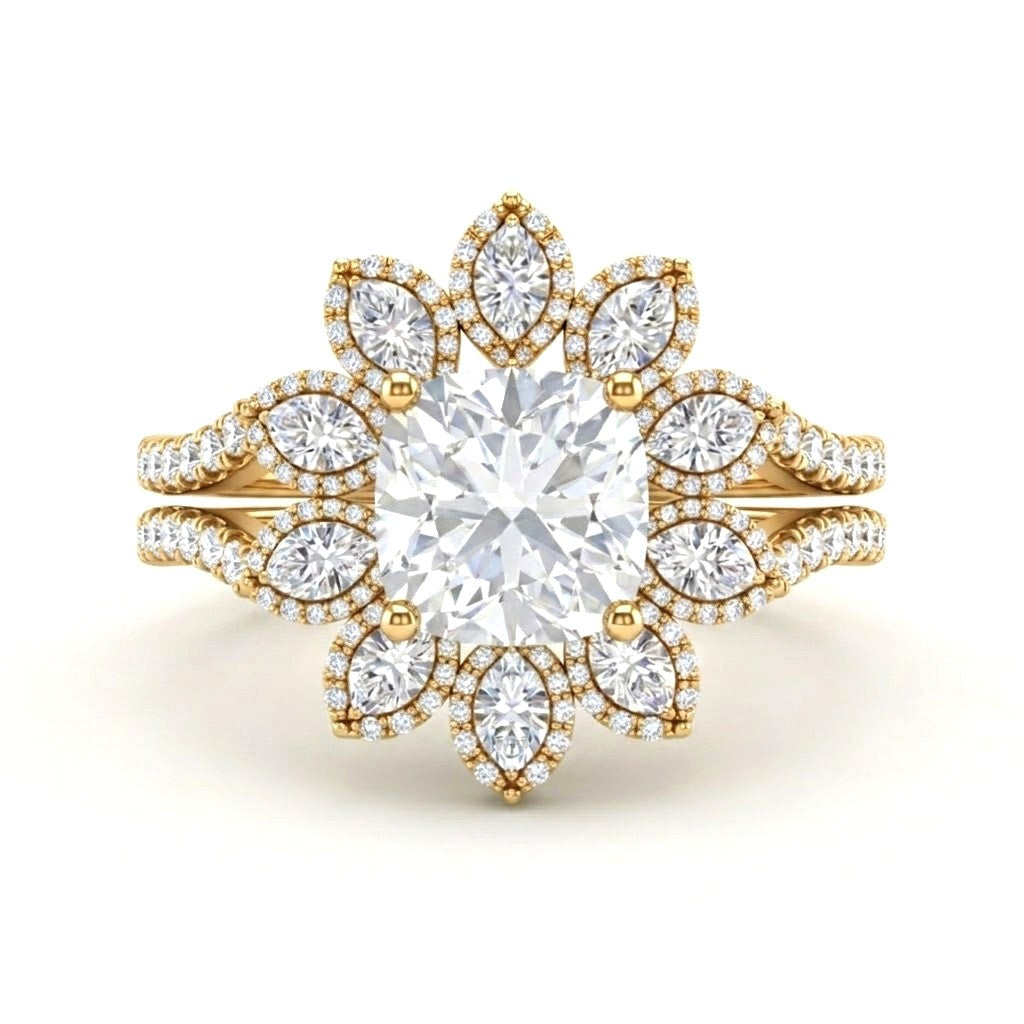 Yellow Gold Cushion Floral Diamond Halo Engagement Ring With Split Pave Shank