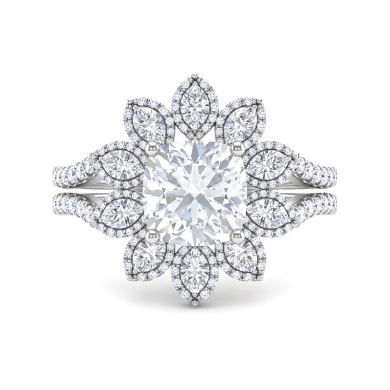 White Gold Cushion Floral Diamond Halo Engagement Ring With Split Pave Shank