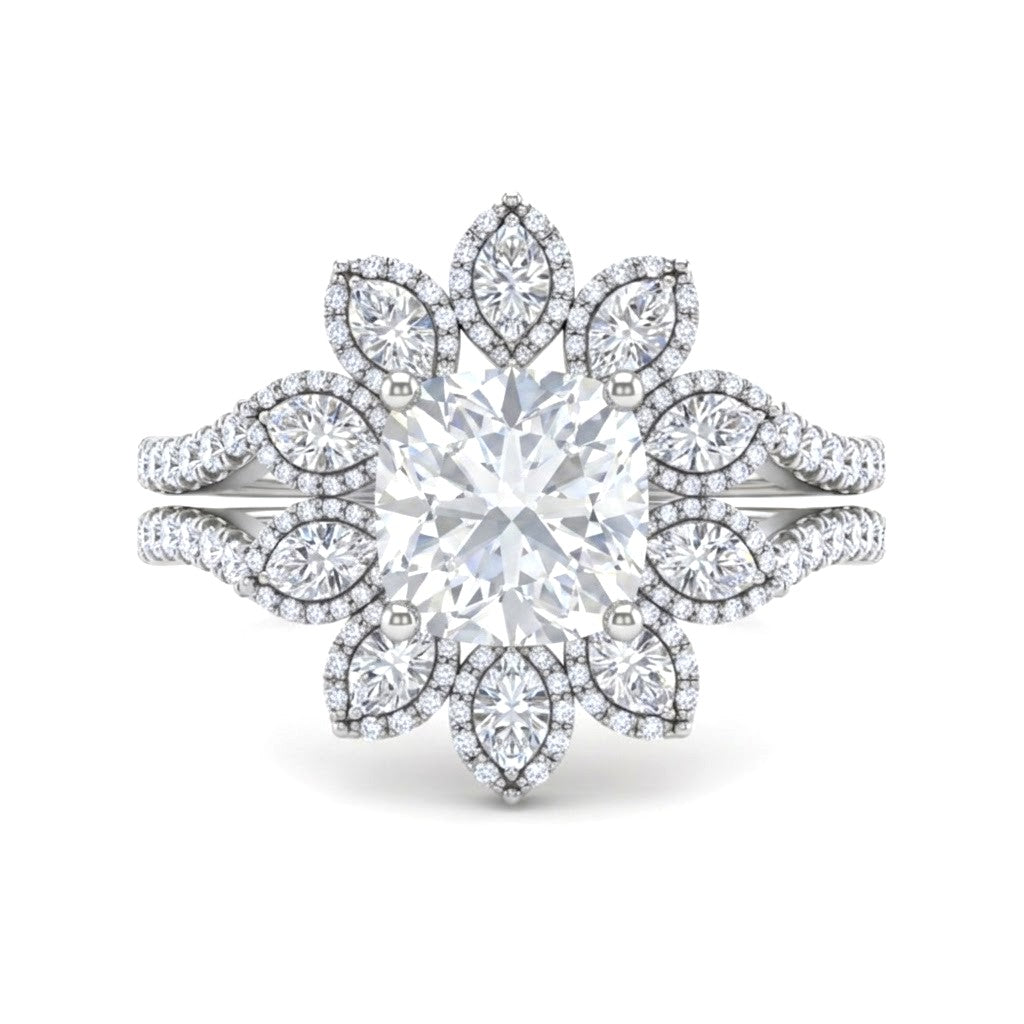 White Gold Cushion Floral Diamond Halo Engagement Ring With Split Pave Shank