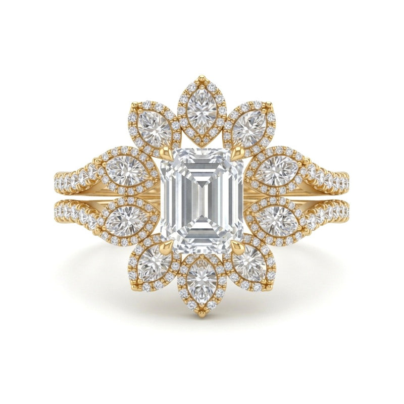 Yellow Gold Emerald Floral Diamond Halo Engagement Ring With Split Pave Shank