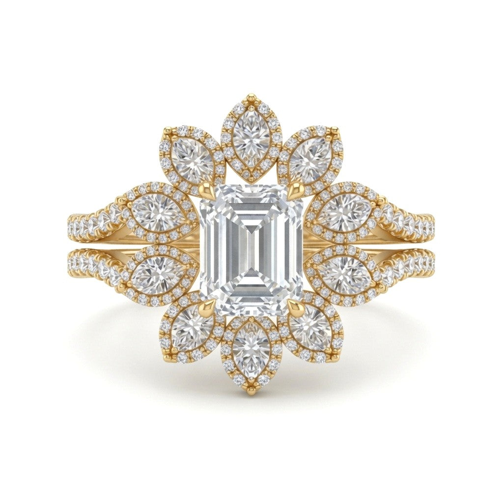 Yellow Gold Emerald Floral Diamond Halo Engagement Ring With Split Pave Shank