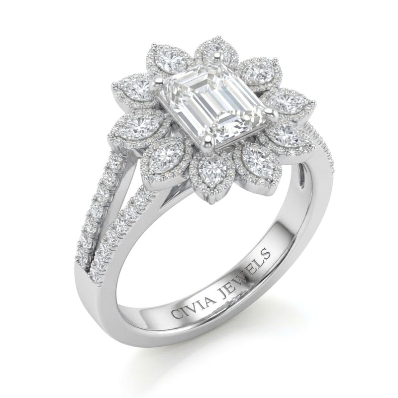Silver Emerald Floral Diamond Halo Engagement Ring With Split Pave Shank