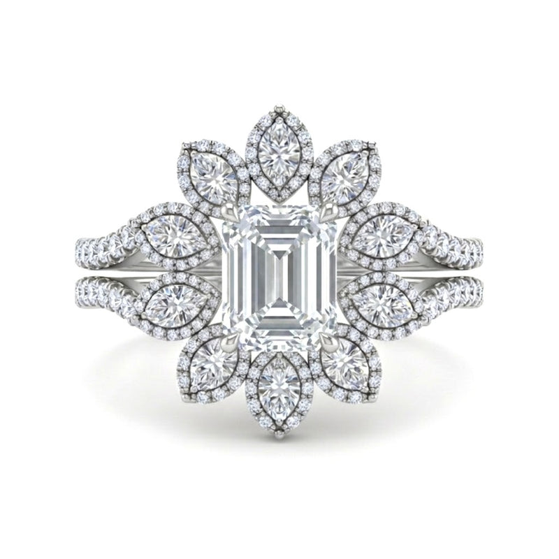 White Gold Emerald Floral Diamond Halo Engagement Ring With Split Pave Shank