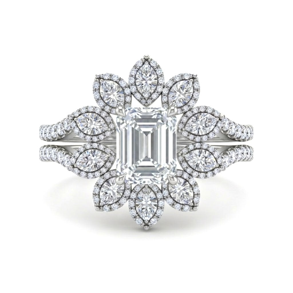 Silver Emerald Floral Diamond Halo Engagement Ring With Split Pave Shank