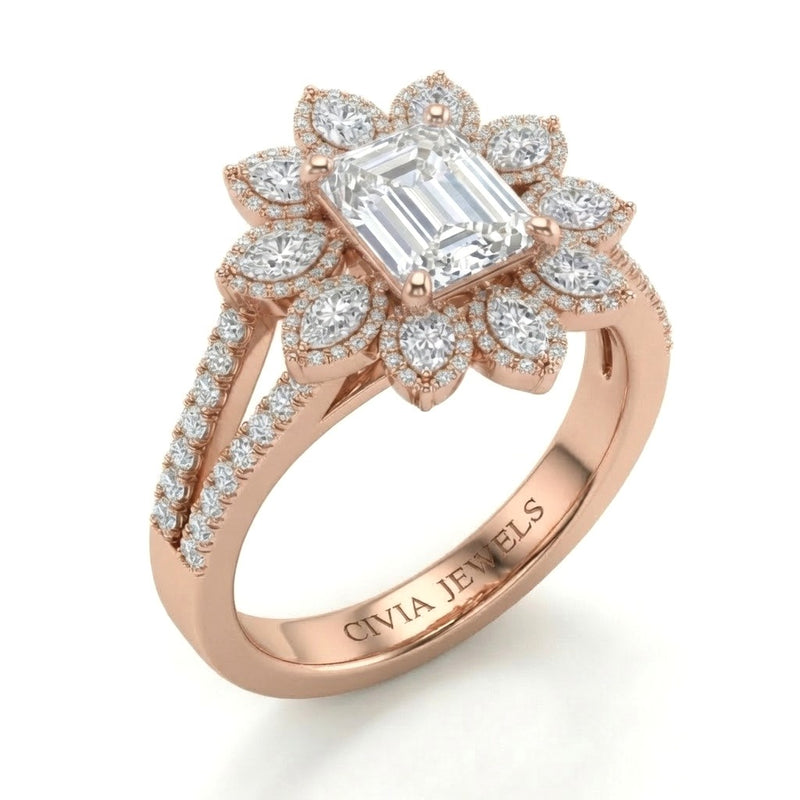 Rose Gold Emerald Floral Diamond Halo Engagement Ring With Split Pave Shank