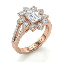Rose Gold Emerald Floral Diamond Halo Engagement Ring With Split Pave Shank