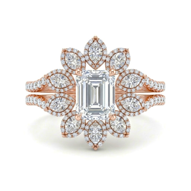 Rose Gold Emerald Floral Diamond Halo Engagement Ring With Split Pave Shank