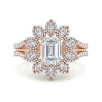 Rose Gold Emerald Floral Diamond Halo Engagement Ring With Split Pave Shank
