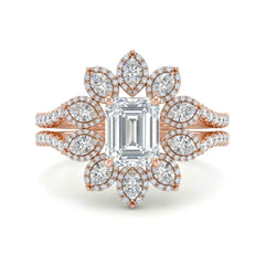 Rose Gold Emerald Floral Diamond Halo Engagement Ring With Split Pave Shank