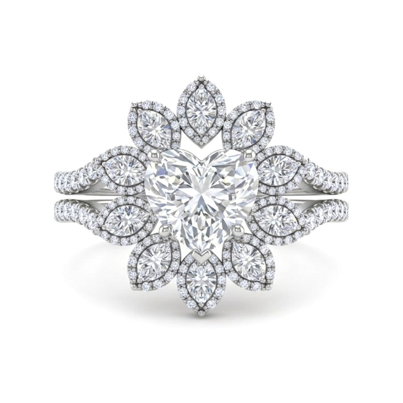 Silver Heart Floral Diamond Halo Engagement Ring With Split Pave Shank