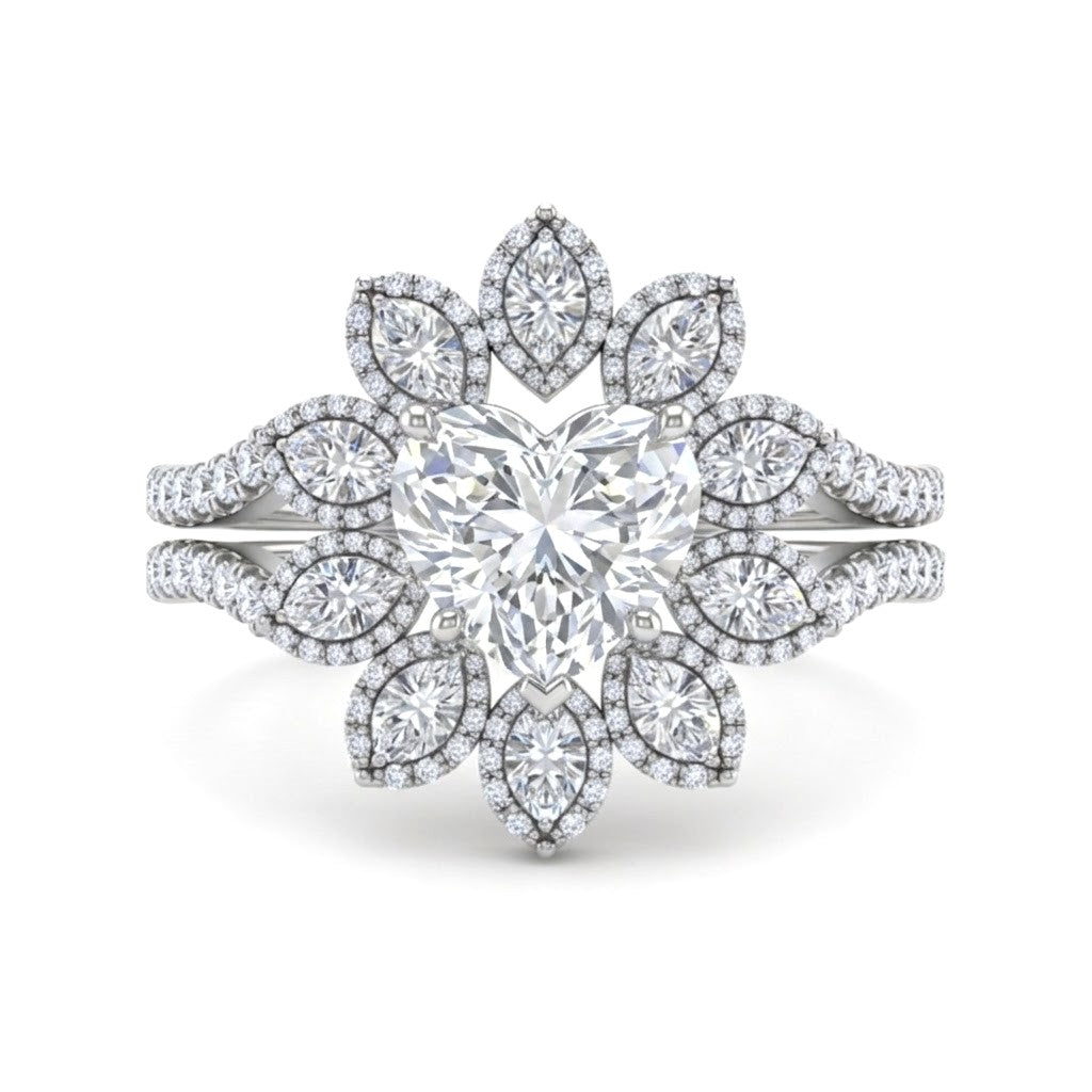 Silver Heart Floral Diamond Halo Engagement Ring With Split Pave Shank