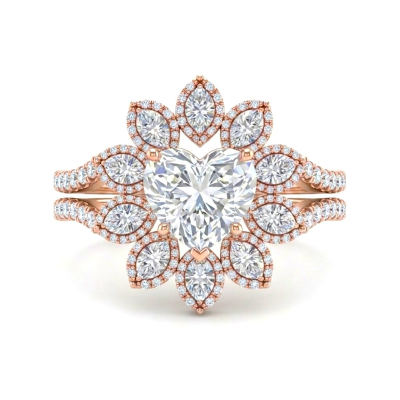 Rose Gold Heart Floral Diamond Halo Engagement Ring With Split Pave Shank