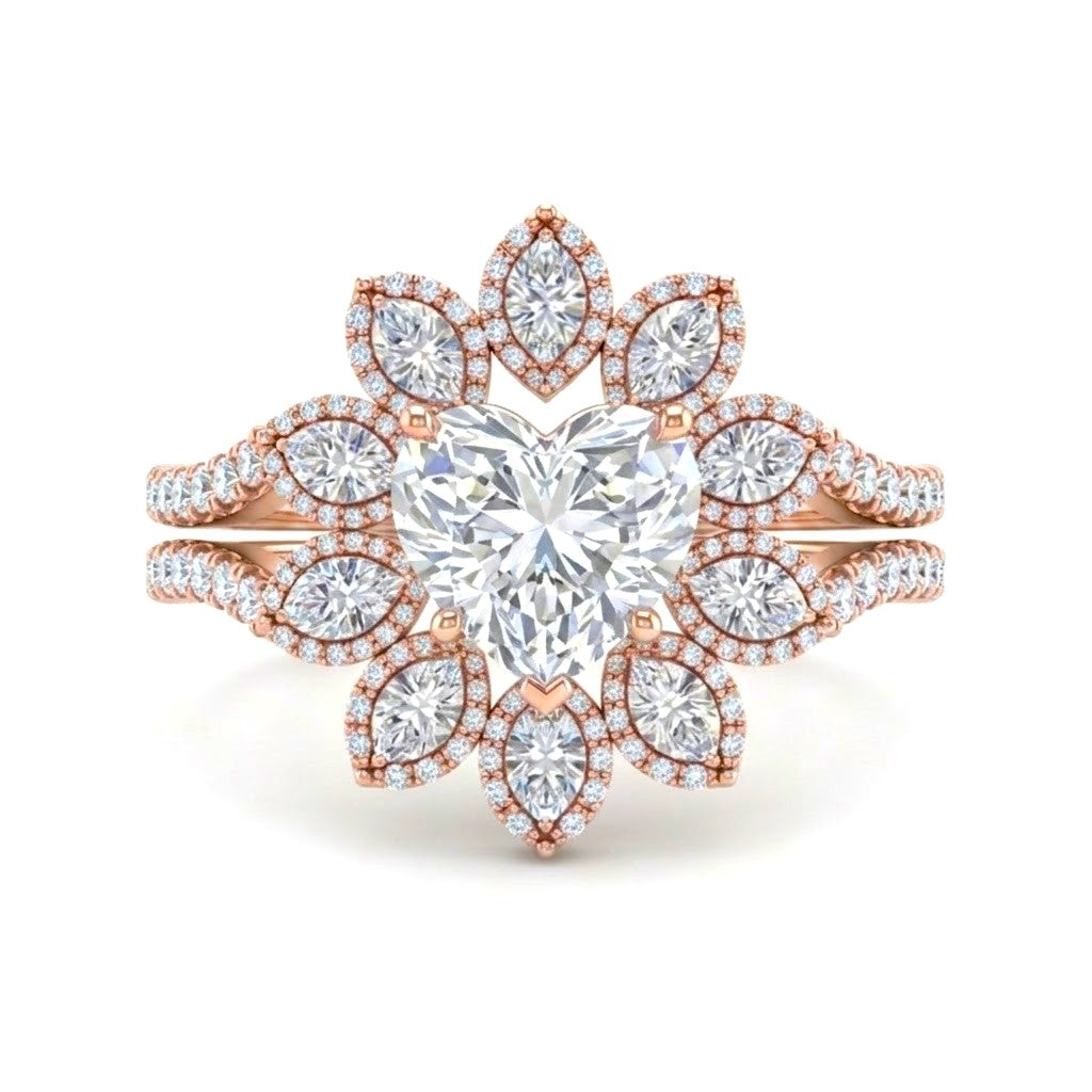 Rose Gold Heart Floral Diamond Halo Engagement Ring With Split Pave Shank