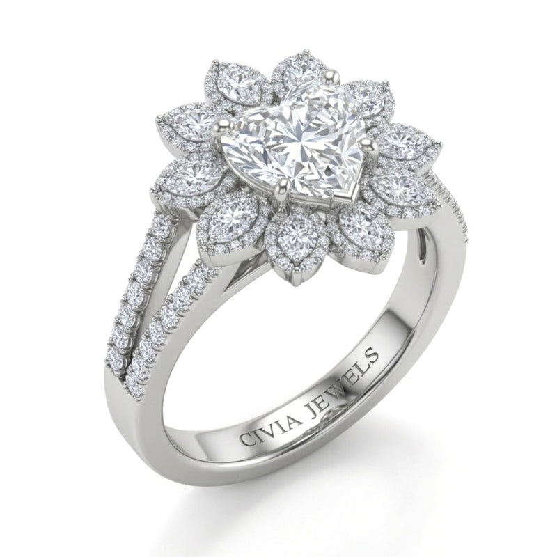 Silver Heart Floral Diamond Halo Engagement Ring With Split Pave Shank