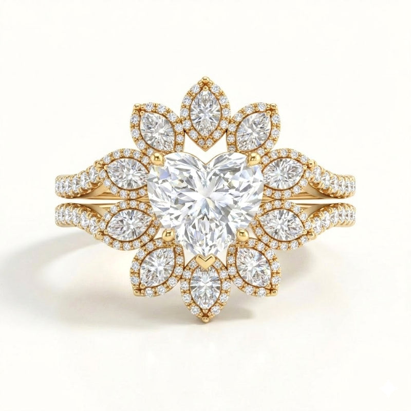 Yellow Gold Heart Floral Diamond Halo Engagement Ring With Split Pave Shank
