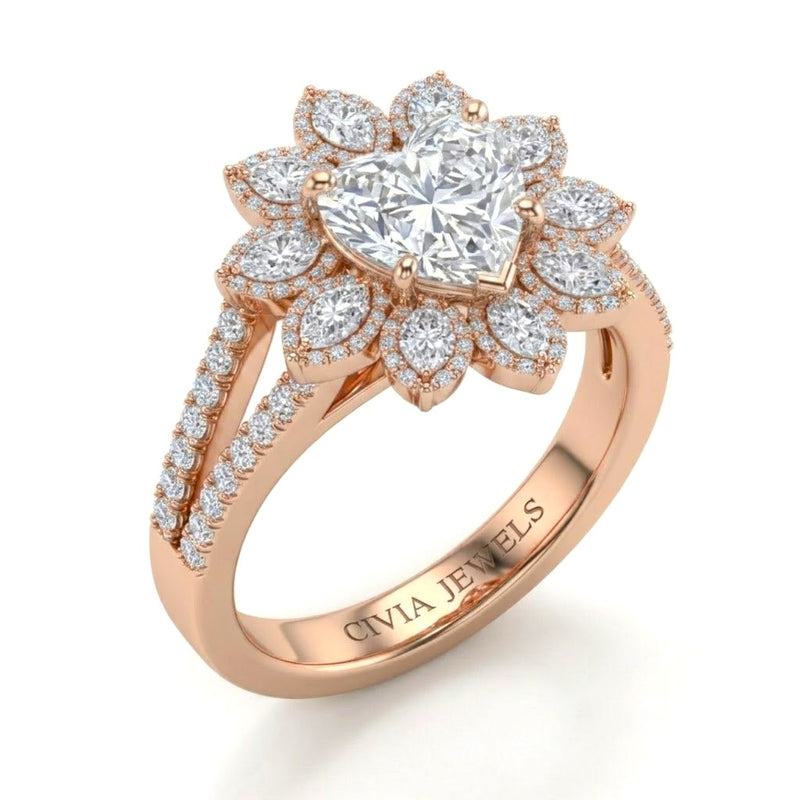Rose Gold Heart Floral Diamond Halo Engagement Ring With Split Pave Shank