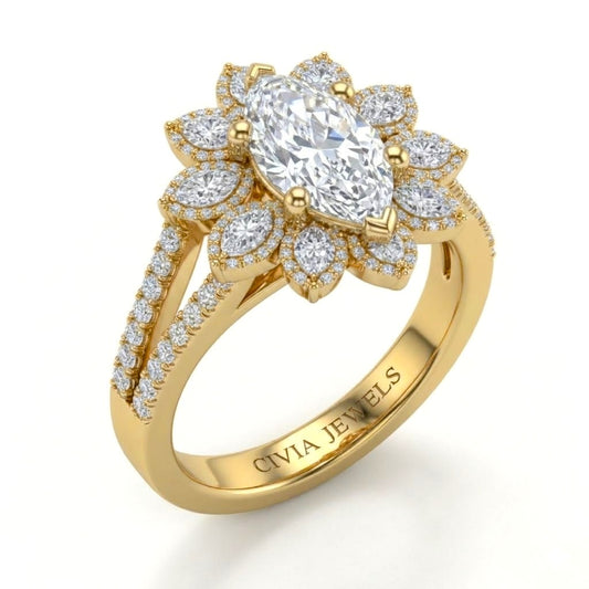 Yellow Gold Marquise Floral Diamond Halo Engagement Ring With Split Pave Shank