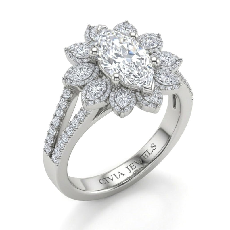 Silver Marquise Floral Diamond Halo Engagement Ring With Split Pave Shank