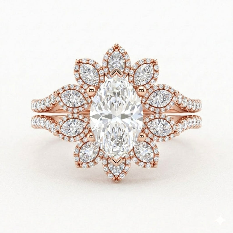 Rose Gold Marquise Floral Diamond Halo Engagement Ring With Split Pave Shank