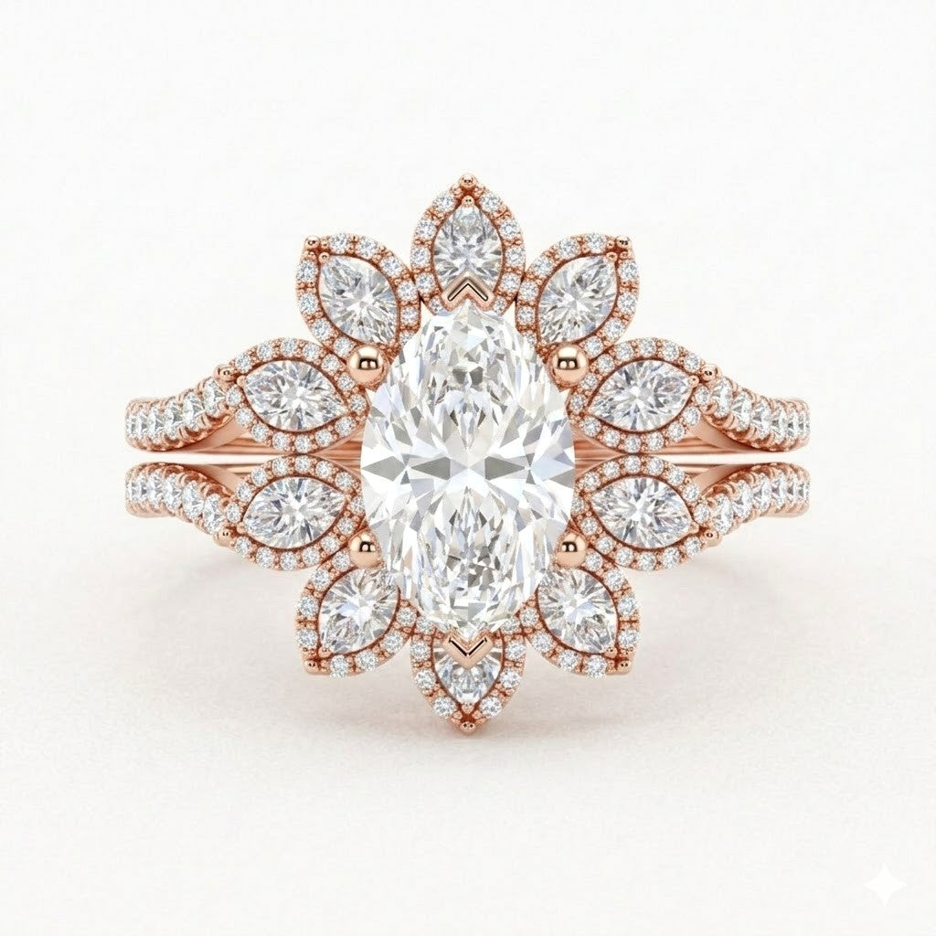 Rose Gold Marquise Floral Diamond Halo Engagement Ring With Split Pave Shank