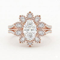 Rose Gold Marquise Floral Diamond Halo Engagement Ring With Split Pave Shank